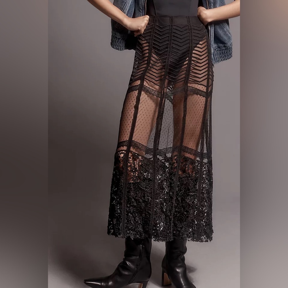Anthropologie Sheer Lace Midi Skirt